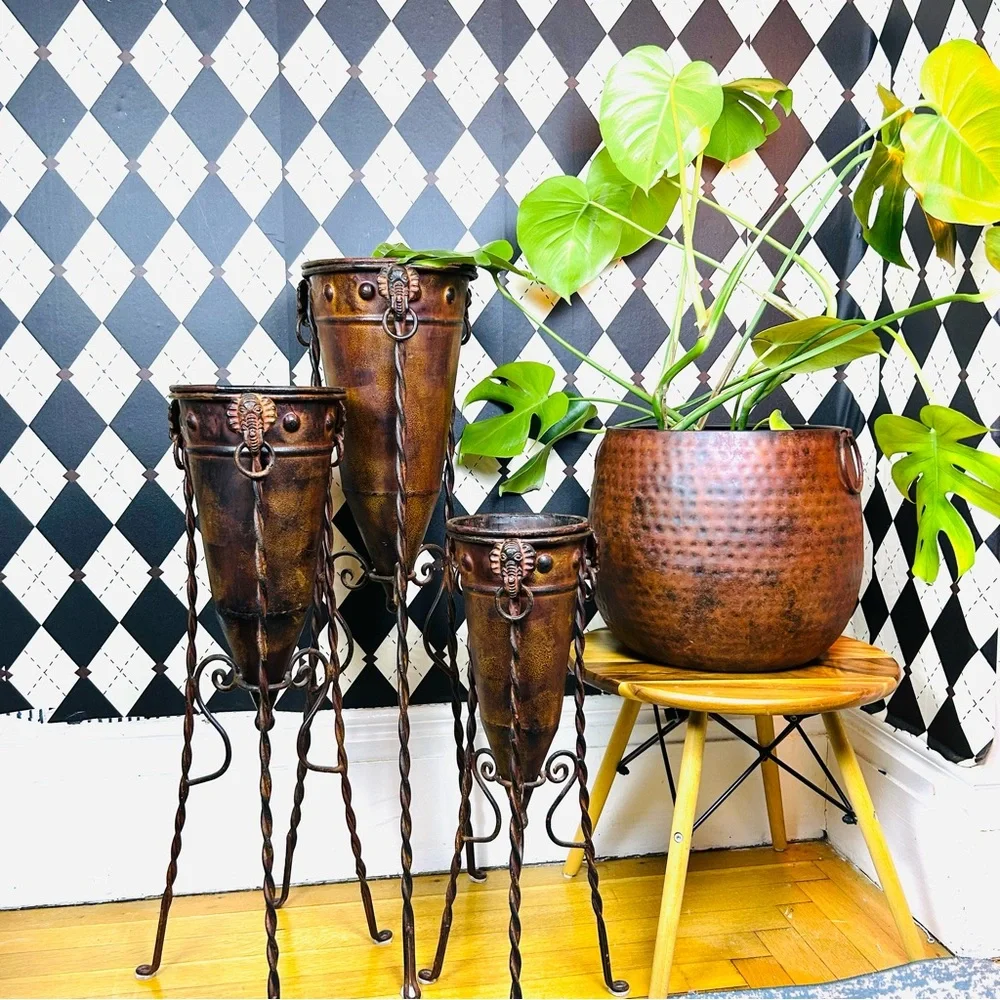 Primitive-Modern Sculptural Floor Vessels Totemic Metal Forms on Forged Stands‎ - Picture 13 of 17